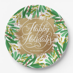 Berries Greenery Gold Faux Foil Happy Holidays Paper Plates