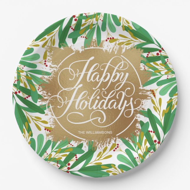 Berries Greenery Gold Faux Foil Happy Holidays Paper Plates (Front)