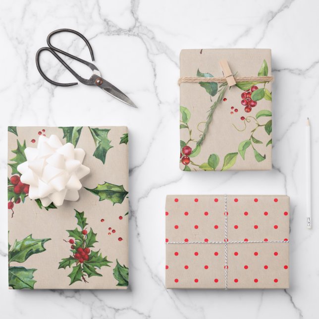 Berries, Holly, Foliage and Dots on Kraft Wrapping Paper Sheets (Front)