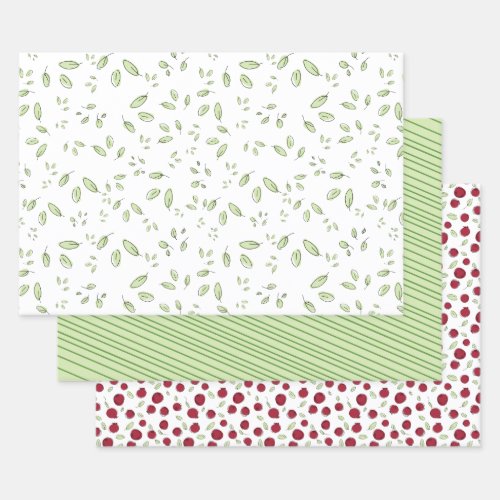 Berries Leaves and Lines cranberries red green  Wrapping Paper Sheets