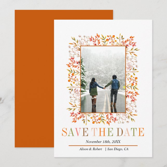 Berries, leaves border burnt orange fall wedding save the date (Front/Back)