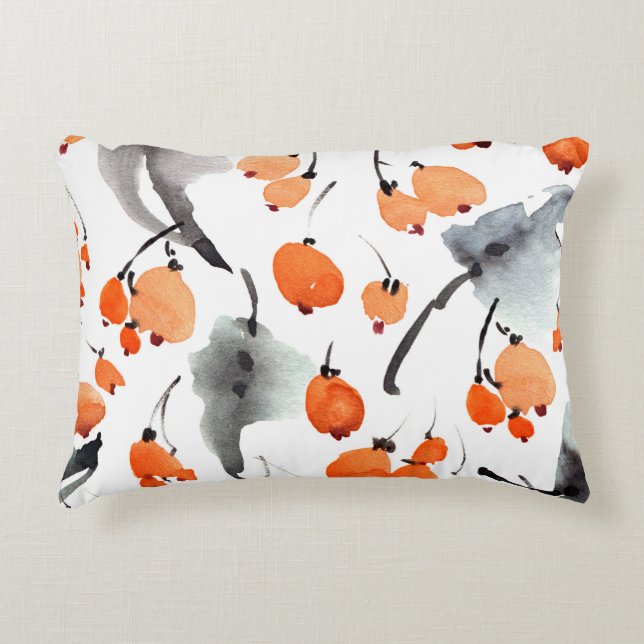 Berries, leaves watercolor, ink illustration, seam accent pillow (Front)