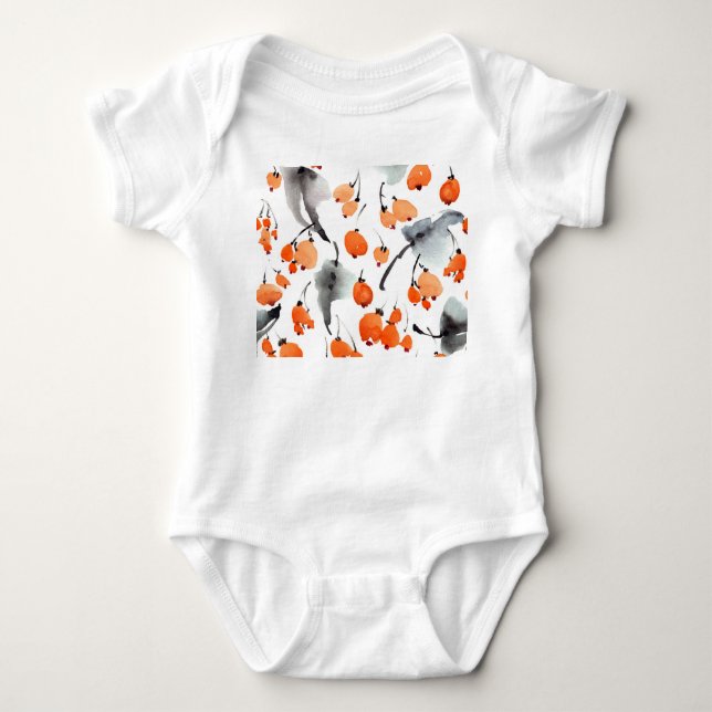 Berries, leaves watercolor, ink illustration, seam baby bodysuit (Front)