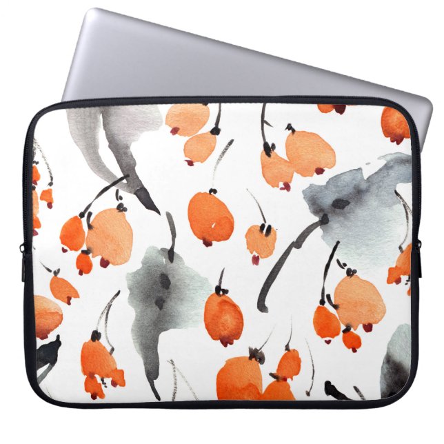 Berries, leaves watercolor, ink illustration, seam laptop sleeve (Front)