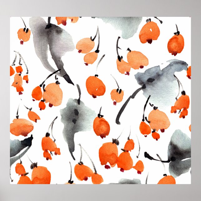 Berries, leaves watercolor, ink illustration, seam poster (Front)