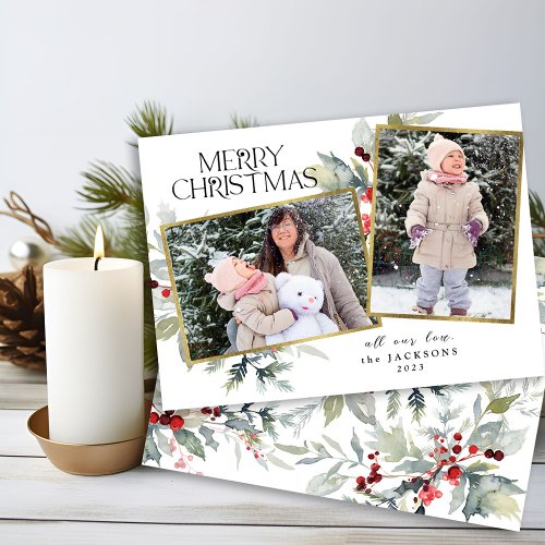 Berries Merry Christmas 2 Photo  Collage Mistletoe Holiday Card