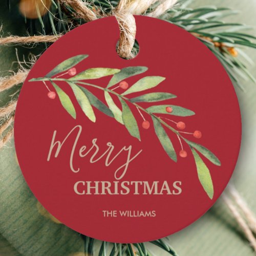 Berries on Branch on Red Merry Christmas Round Favor Tags