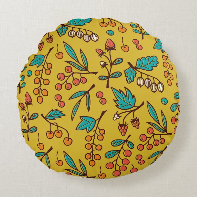 Berries on branches, seamless nature pattern. round pillow (Front)