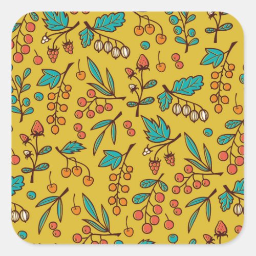 Berries on branches seamless nature pattern square sticker