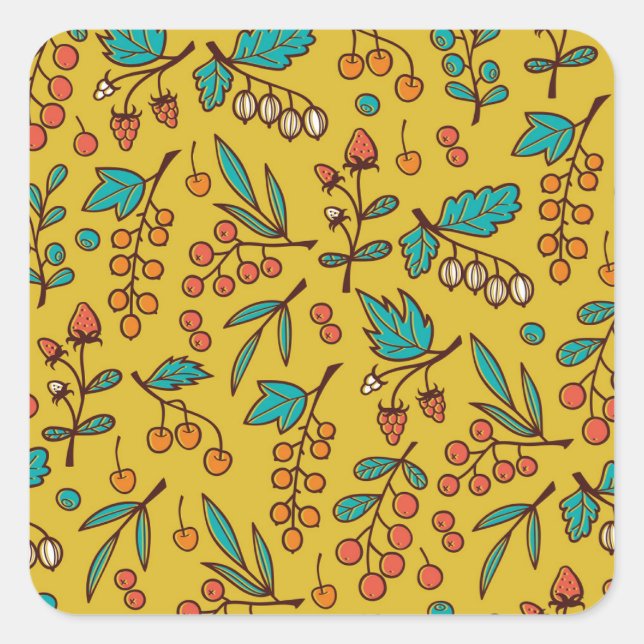Berries on branches, seamless nature pattern. square sticker (Front)