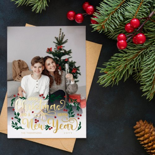 Berries Photo Merry Christmas Happy New Year Foil Holiday Card