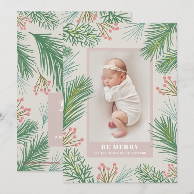 Berries Pines Christmas Photo Birth Announcements (Front/Back)