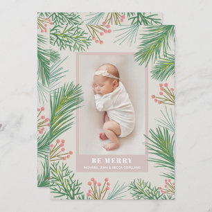 Berries Pines Christmas Photo Birth Announcements