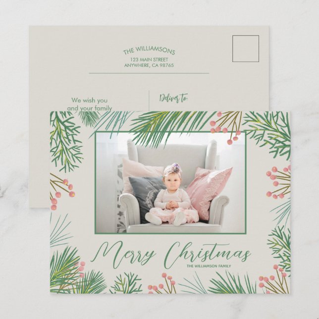Berries Pines Christmas Photo Holiday Postcards (Front/Back)