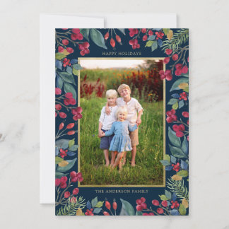 Berries Pines Gold Foil Photo Christmas Holiday Card