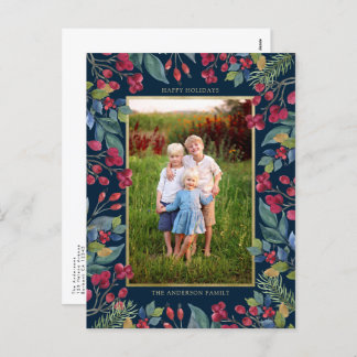 Berries Pines Gold Foil Photo Christmas Holiday Postcard