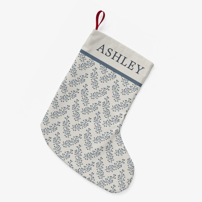 Berries Sprig Pattern Blue Cream Custom Name Small Christmas Stocking (Front (Hanging))