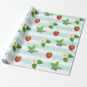 Berries Strawberries Blueberry Teal Classic Stripe Wrapping Paper