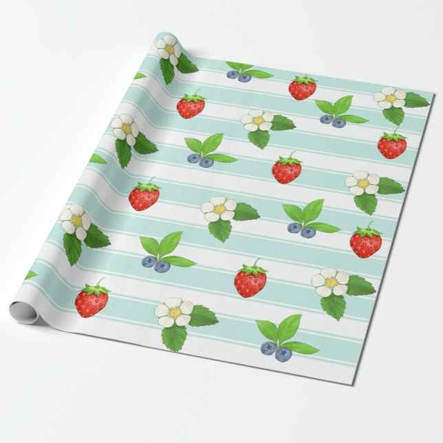 Berries Strawberries Blueberry Teal Classic Stripe Wrapping Paper (Unrolled)