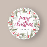 Berries Wreath Calligraphy Merry Christmas Classic Round Sticker<br><div class="desc">Add a sprinkle of artistry to your festive season with our enchanting personalized Christmas circle sticker. Lovingly crafted, each sticker showcases a mesmerizing watercolor Christmas wreath, capturing the delicate hues and whimsy of the holiday spirit. Central to this artistic creation, the phrase “Merry Christmas” is elegantly penned in modern script,...</div>