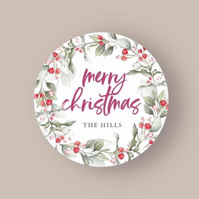 Berries Wreath Calligraphy Merry Christmas Classic Round Sticker (Creator Uploaded)