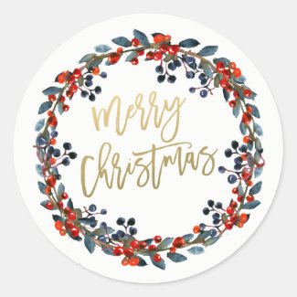 Berries Wreath Merry Christmas Gold Script Holiday Classic Round Sticker