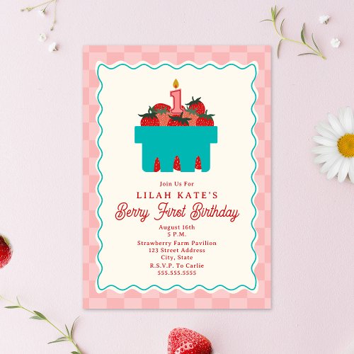 Berry 1st Birthday Checkerboard Strawberry Basket Invitation