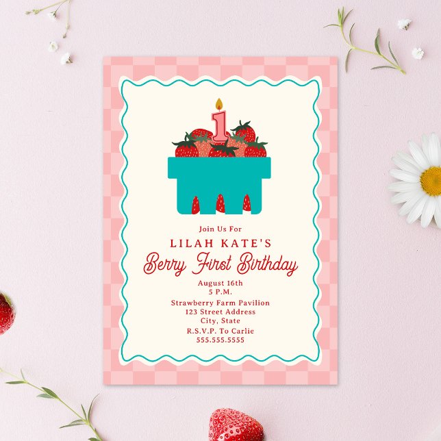 Berry 1st Birthday Checkerboard Strawberry Basket Invitation (Creator Uploaded)