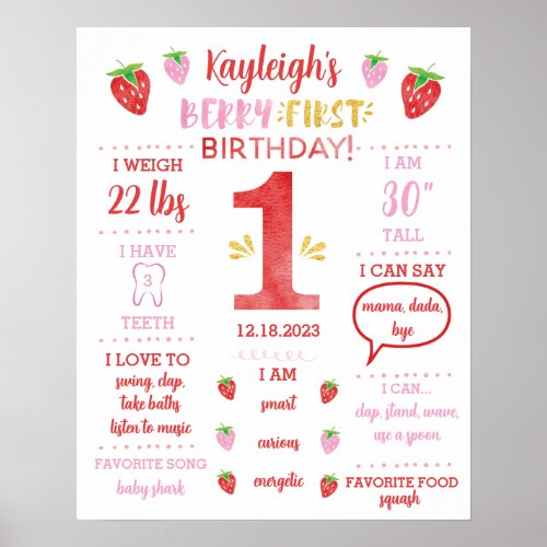 Berry 1st Birthday Milestone Poster Red Gold