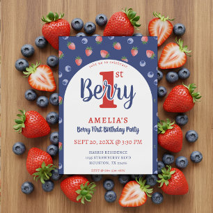 Berry 1st Birthday Party Strawberry Blueberry Blue Invitation