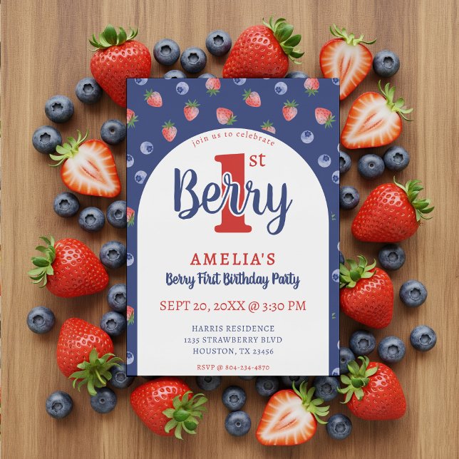 Berry 1st Birthday Party Strawberry Blueberry Blue Invitation (Berry 1st Birthday Party Strawberry Blueberry Blue Invitation
)