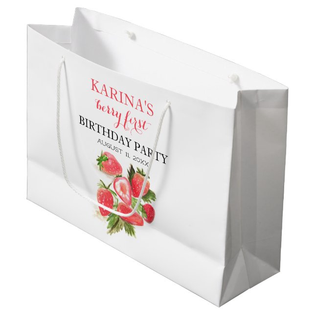 Berry 1st Birthday Party Strawberry fruit Summer Large Gift Bag (Front Angled)