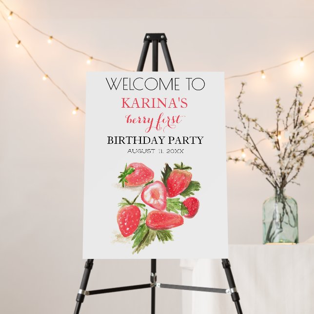 Berry 1st Birthday Party Strawberry Welcome Sign (In Situ (Stand))