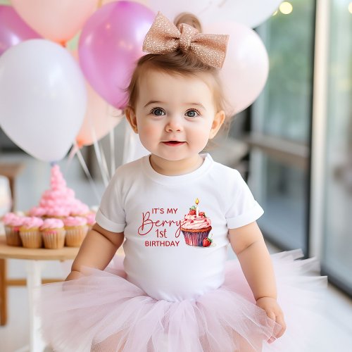 Berry 1st Birthday Pink Red Strawberry Cupcake Baby T_Shirt
