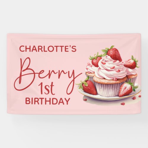 Berry 1st Birthday Pink Red Strawberry Name Banner