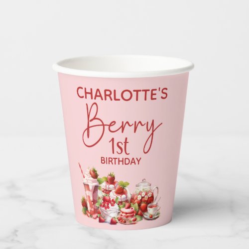 Berry 1st Birthday Pink Red Strawberry Name Paper Cups