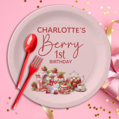 Berry 1st Birthday Pink Red Strawberry Name Paper Plates