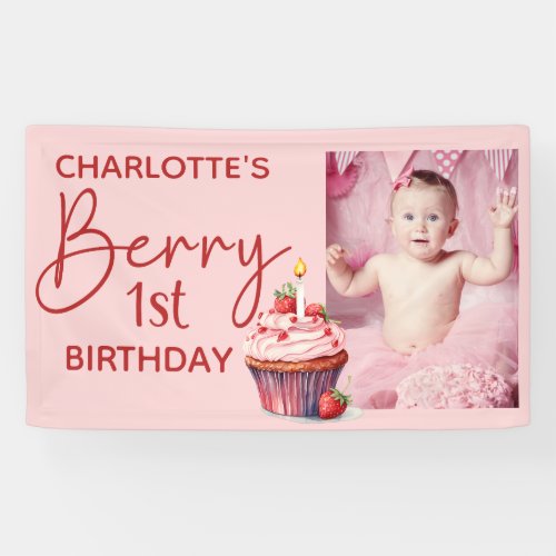 Berry 1st Birthday Pink Red Strawberry Name Photo Banner