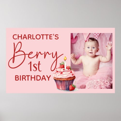 Berry 1st Birthday Pink Red Strawberry Name Photo Poster