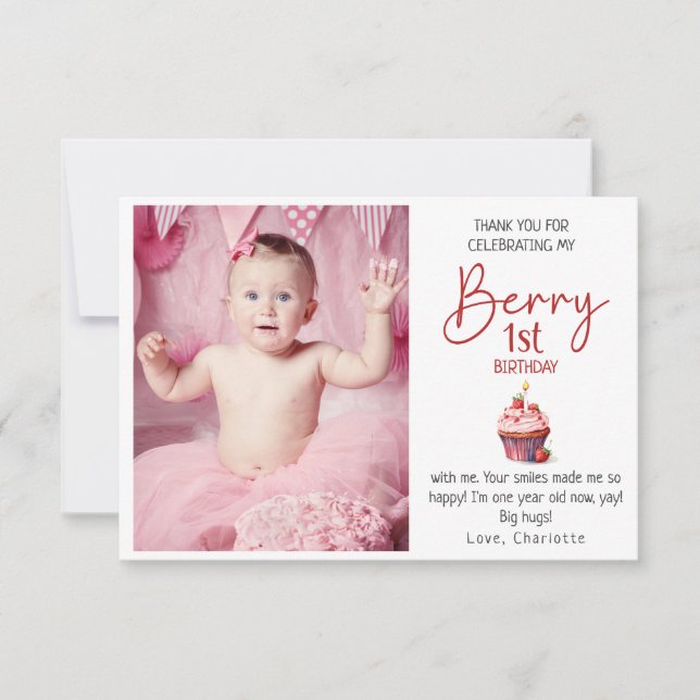 Berry 1st Birthday Pink Red Thank You Photo  Card (Front)