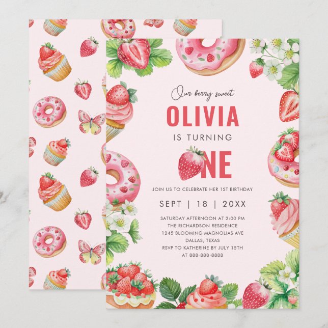 Berry 1st Birthday Pink Sweet Strawberry Girl   Invitation (Front/Back)