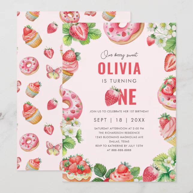 Berry 1st Birthday Pink Sweet Strawberry Girl Invitation | Zazzle