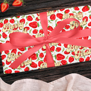 Berry 1st Birthday Pink White Strawberry Gold Wrapping Paper