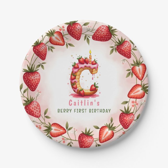 Berry 1st Birthday Plate Letter C Cake Design (Front)