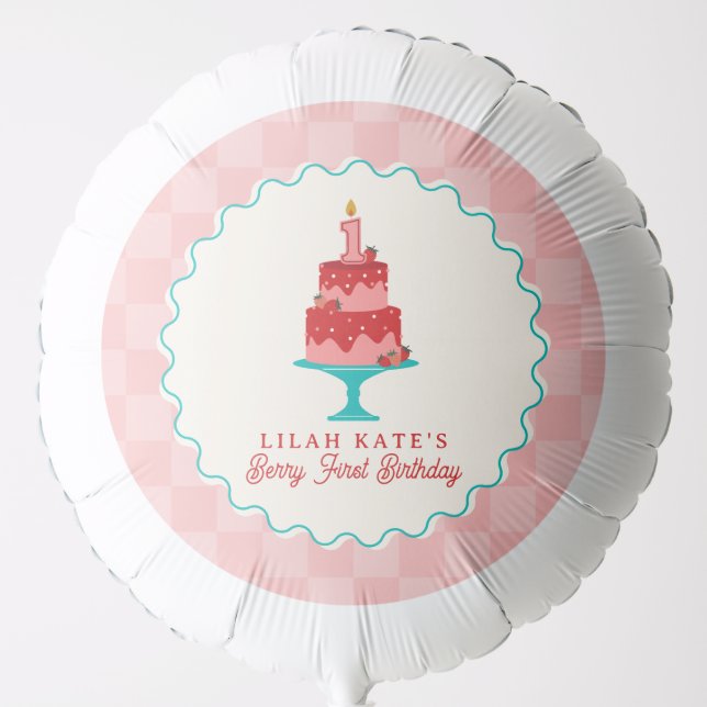 Berry 1st Birthday Strawberry Basket Checkerboard Balloon (Front)