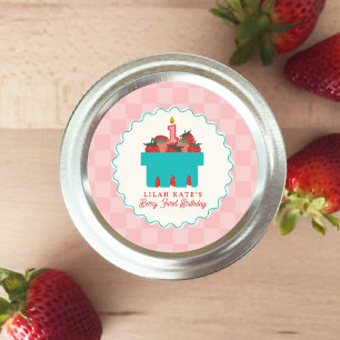 Berry 1st Birthday Strawberry Basket Checkerboard Classic Round Sticker