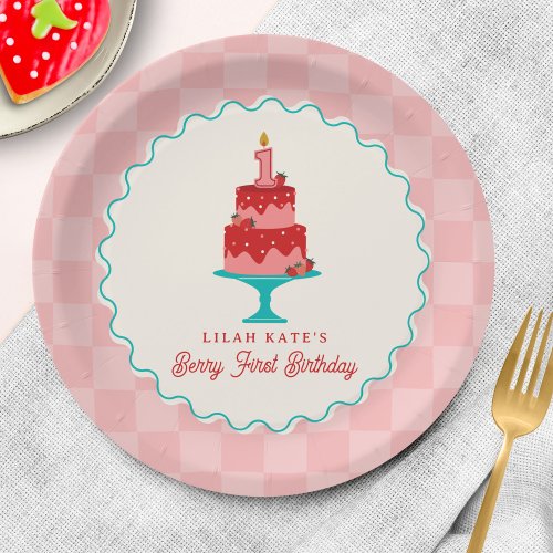 Berry 1st Birthday Strawberry Basket Checkerboard Paper Plates