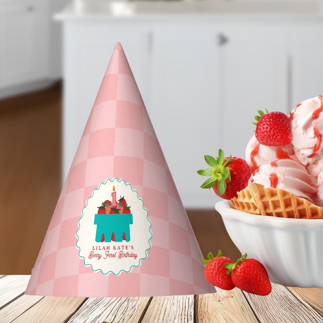Berry 1st Birthday Strawberry Basket Checkerboard Party Hat (Creator Uploaded)