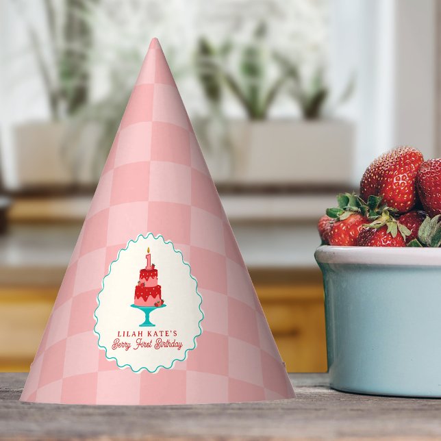 Berry 1st Birthday Strawberry Basket Checkerboard Party Hat (Creator Uploaded)