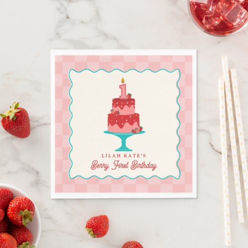 Berry 1st Birthday Strawberry Cake Checker  Napkins
